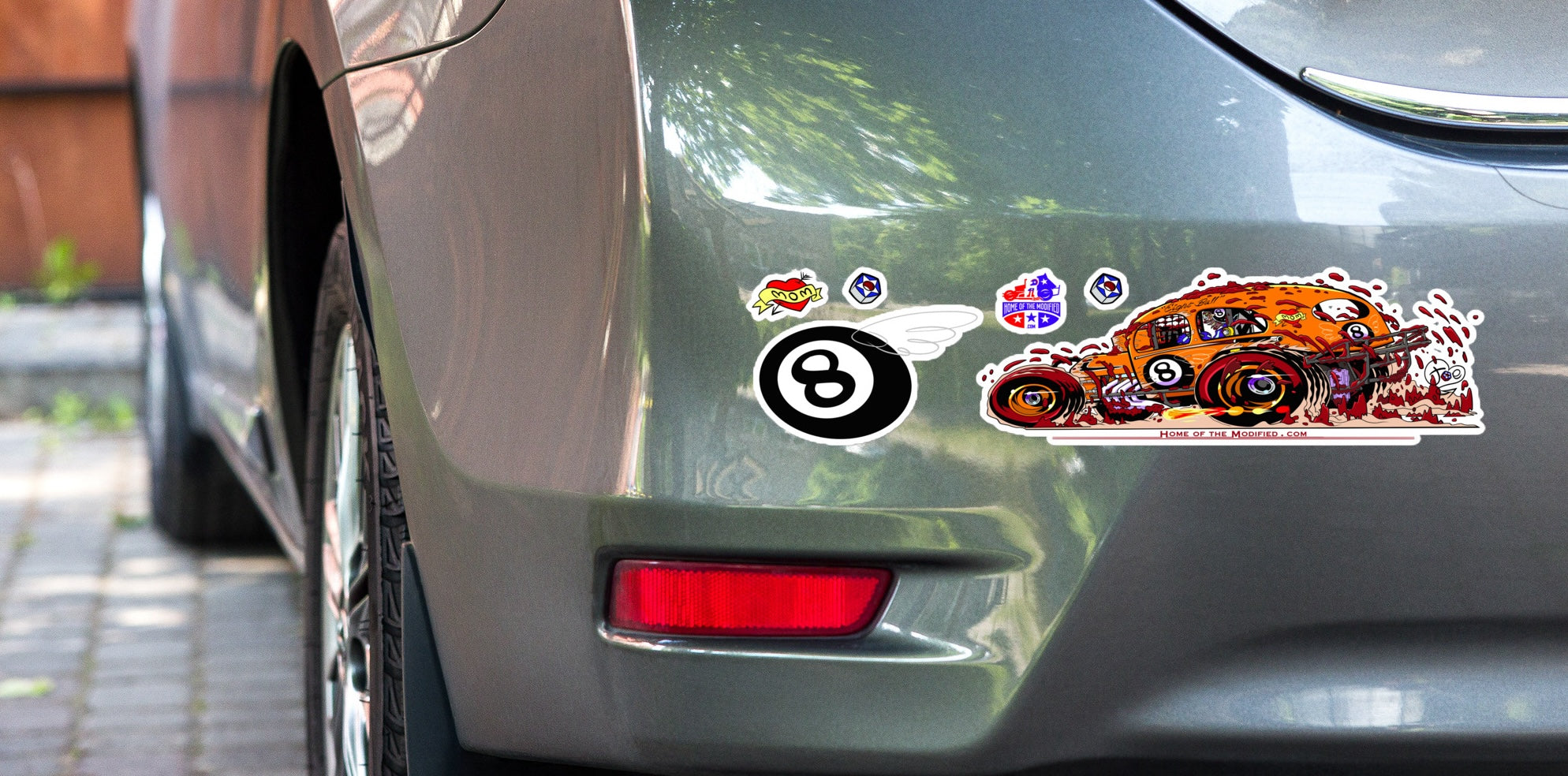 sticker with hot rod and 8-ball designs