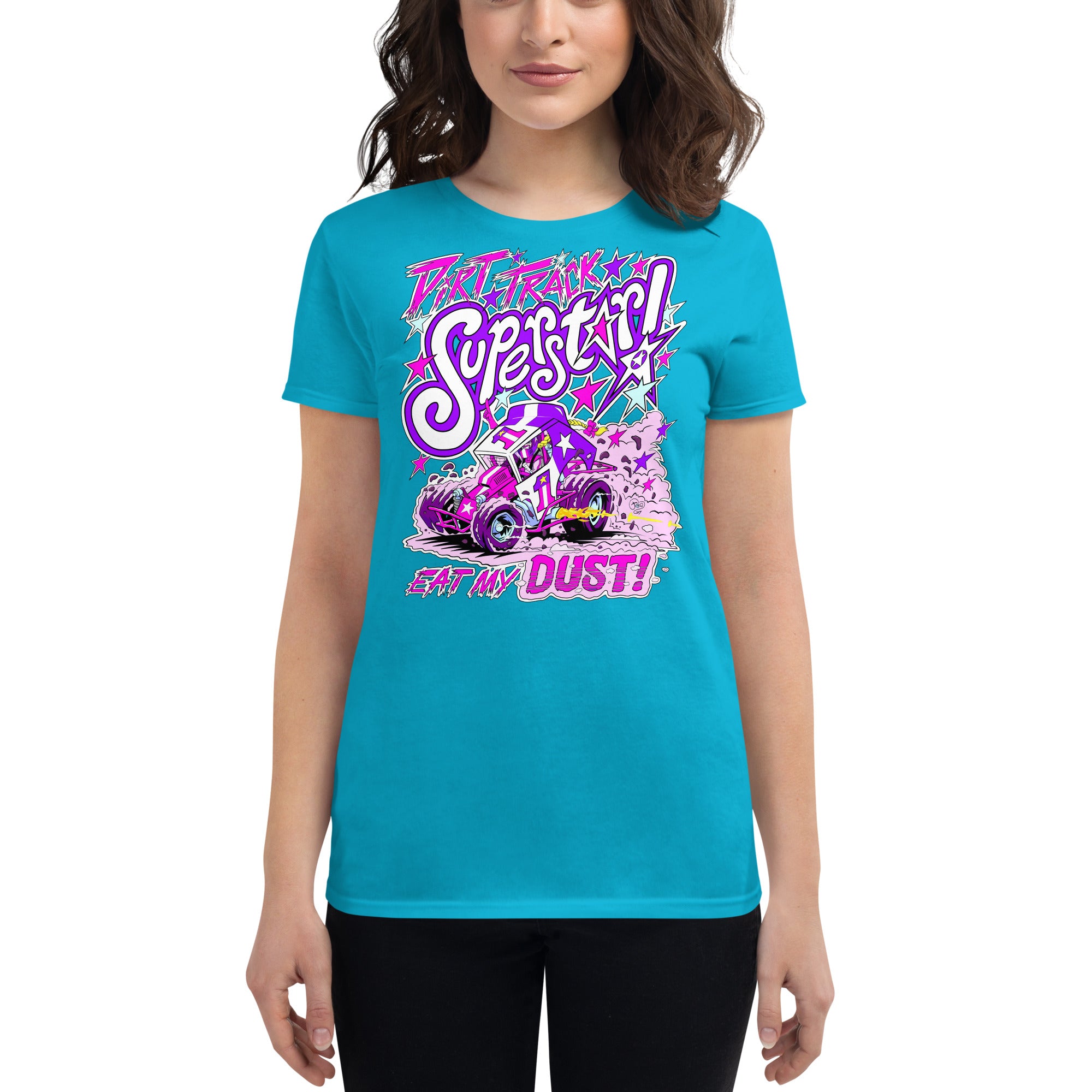 Dirt Track Superstar! Women's short sleeve t-shirt (Pink and Purple)